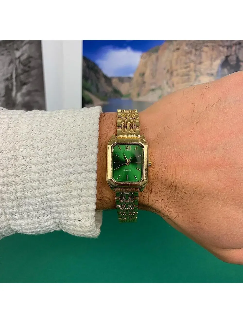 Rectangular Gold and Green face watch